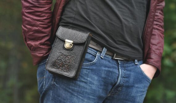 Black leather belt bag with celtic cross