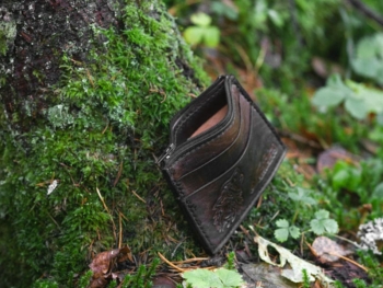 Leather card case placed onto the mossy forest ground.