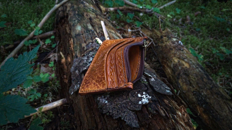 Leather card case with five pockets, decorated by hand carved viking image