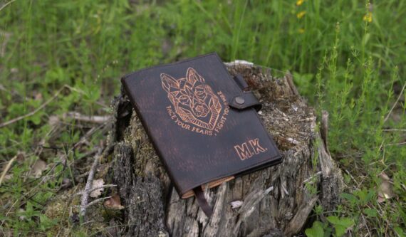 Dark brown notebook covers with hand carved wolf image for A5 notebook.