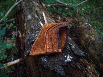 Leather card case with five pockets, decorated by hand carved viking image