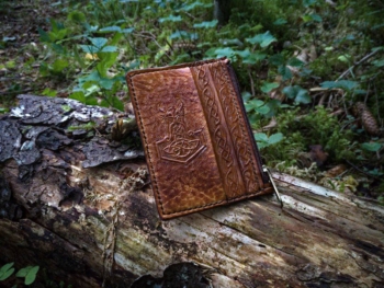 Leather card case with five pockets, decorated by hand carved viking image