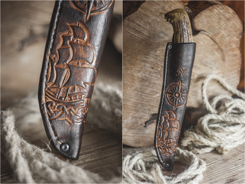 Leather knife sheath with sailing ship