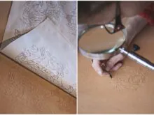 Carving the pattern onto the leather. 