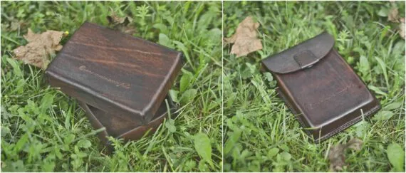 This image is of two photos presented side by side. On the left there is a box with lid and on the right there is a wet-formed pocket-like box. The wet-formed box closes by small flap and is fastened by magnet.