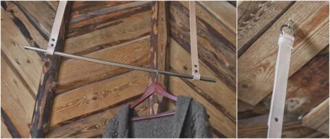 Hanging coat hanger with leather straps. The length of the straps can be adjusted by the metal rivet.