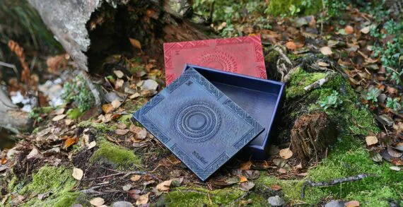 Large boxes in mahogany and blue are set onto the forest ground by the fallen and broken tree trunk. Blue box is placed to the front of the mahogany box and the lid is slightly pushed aside. It is visible that the box is covered by leather also on the inside. There are leaves all over the ground and some moss is visible between the tree roots.