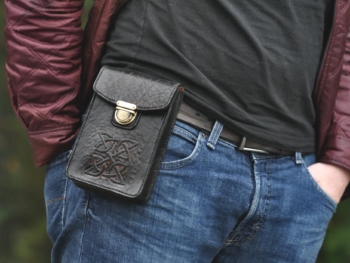 Black leather belt bag with celtic cross