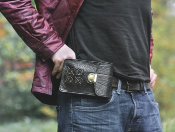 Black leather belt bag with celtic cross