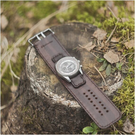 Wide dark brown leather watch strap