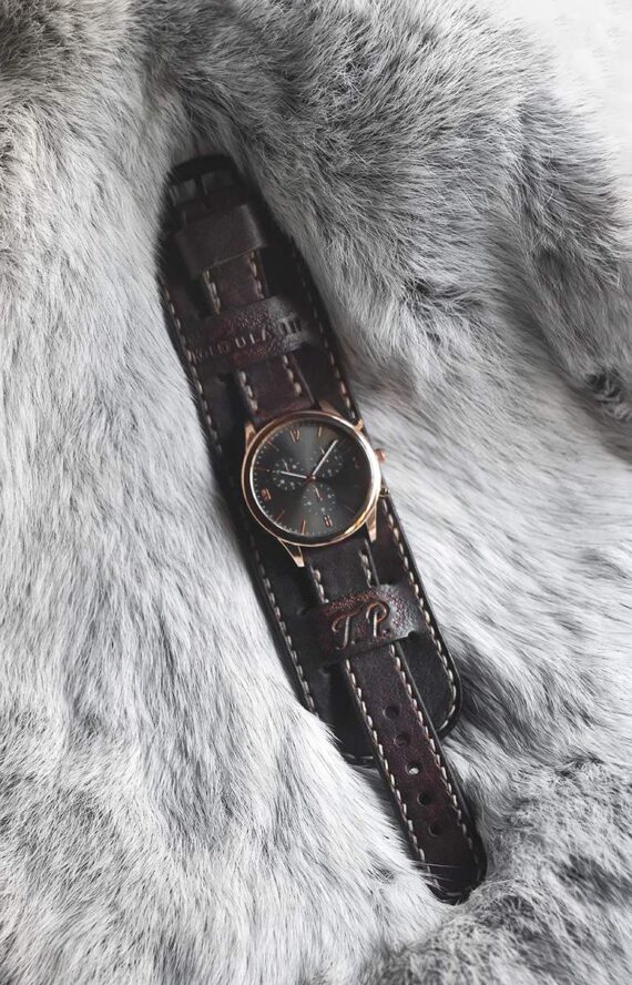 Dark brown leather watch strap