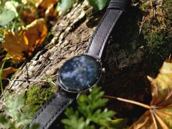 Watch is placed on the mossy the tree root, surrounded by autumn leaves in yellow and green.