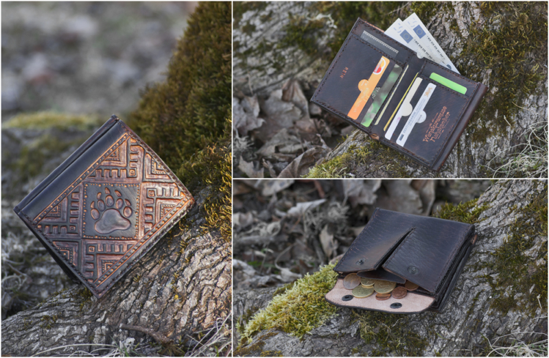 Leather wallet with carved image and bear track