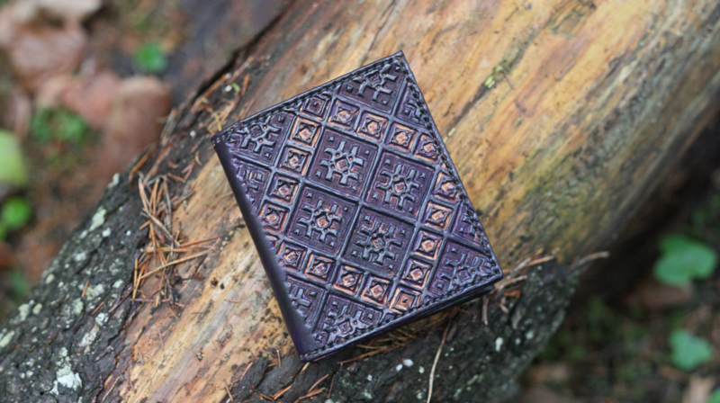 Violet leather wallet with hand carved folk pattern