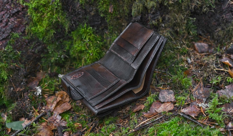 Dark brown leather wallet with grayfish