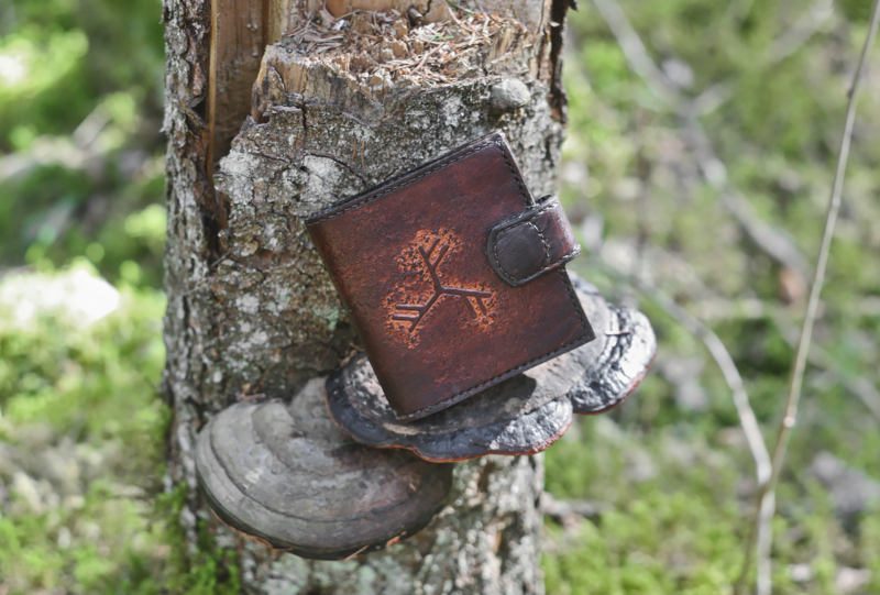 Dark brown leather wallet with fehu runes