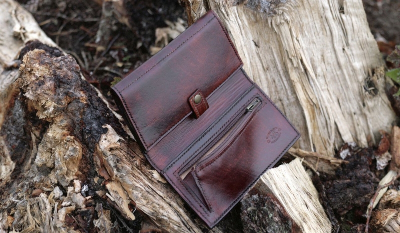 Large wallet opened on the ground, beside light old fallen tree.