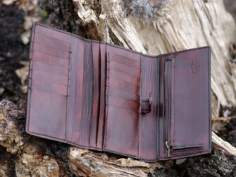 Large wallet opened on the ground, beside light old fallen tree.