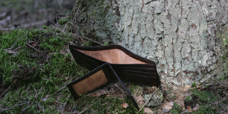 Wide leather wallet with carved oak tree