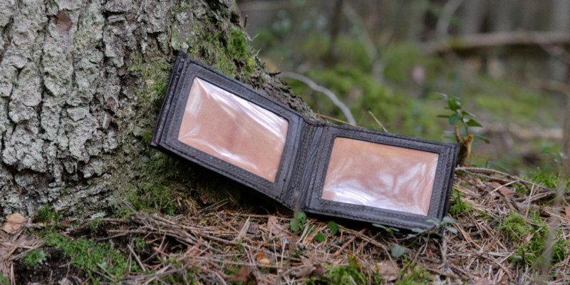 Wide leather wallet with carved oak tree